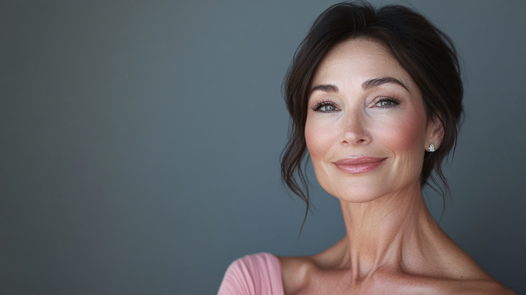 Types of Alopecia: Woman with beautiful face and alapecia, with glowing skin and wearing a off pink dress, she has soft natural makeup look, beautiful 42 year old woman smiling at the camera, extreme details on the face and skin, soft middle grey background, shot with Arri Alexa mini LF, magazine cover