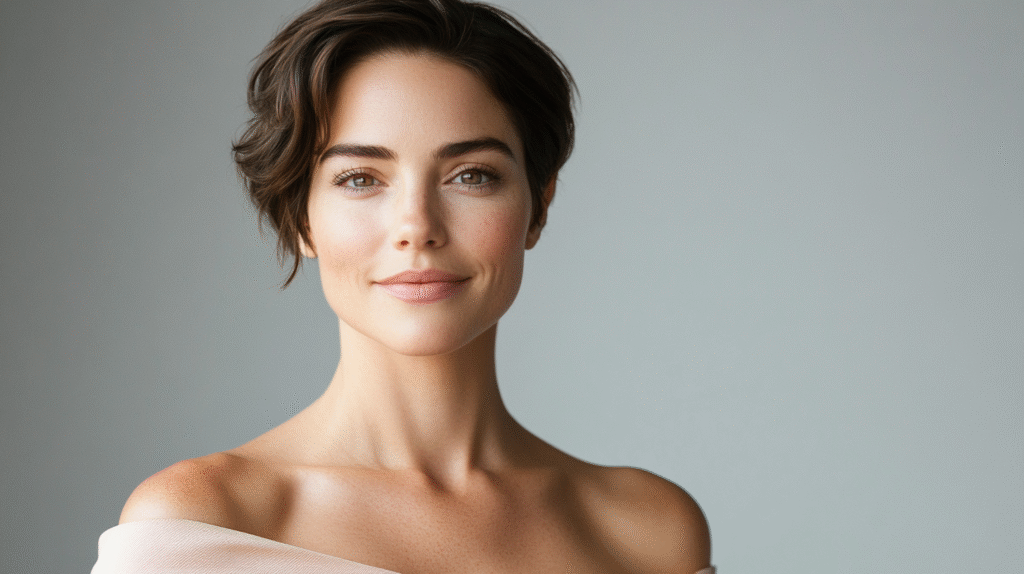 Types of Alopecia: Woman with beautiful face and alapecia, with glowing skin and wearing a off pink dress, she has soft natural makeup look, beautiful 42 year old woman smiling at the camera, extreme details on the face and skin, soft middle grey background, shot with Arri Alexa mini LF, magazine cover