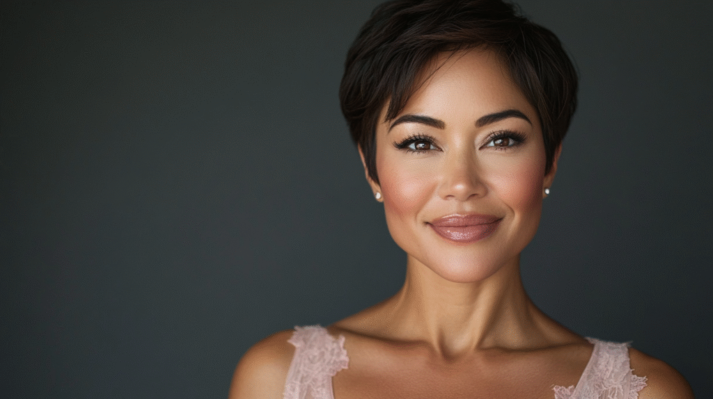 Types of Alopecia: Woman with beautiful face and alapecia, with glowing skin and wearing a off pink dress, she has soft natural makeup look, beautiful 42 year old woman smiling at the camera, extreme details on the face and skin, soft middle grey background, shot with Arri Alexa mini LF, magazine cover