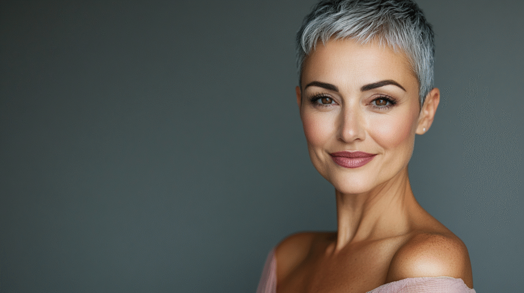 Types of Alopecia: Woman with beautiful face and alapecia, with glowing skin and wearing a off pink dress, she has soft natural makeup look, beautiful 42 year old woman smiling at the camera, extreme details on the face and skin, soft middle grey background, shot with Arri Alexa mini LF, magazine cover