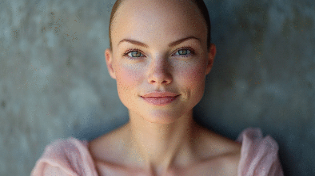 Types of Alopecia: Woman with beautiful face and alapecia, with glowing skin and wearing a off pink dress, she has soft natural makeup look, beautiful 42 year old woman smiling at the camera, extreme details on the face and skin, soft middle grey background, shot with Arri Alexa mini LF, magazine cover
