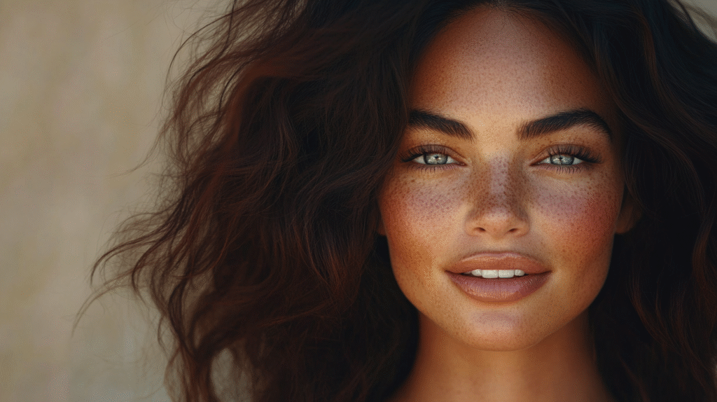 A woman with Natural Makeup Looks: Woman with beautiful hair, with glowing skin and wearing a off white dress, she has soft natural makeup look, beautiful 32 year old woman smiling at the camera, extreme details on the face and skin, soft middle grey background, shot with Arri Alexa mini LF, magazine cover