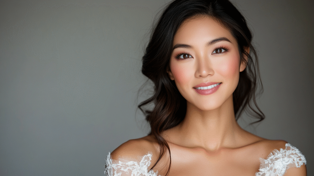 A woman with Natural Makeup Looks: Woman with beautiful hair, with glowing skin and wearing a off white dress, she has soft natural makeup look, beautiful 32 year old woman smiling at the camera, extreme details on the face and skin, soft middle grey background, shot with Arri Alexa mini LF, magazine cover