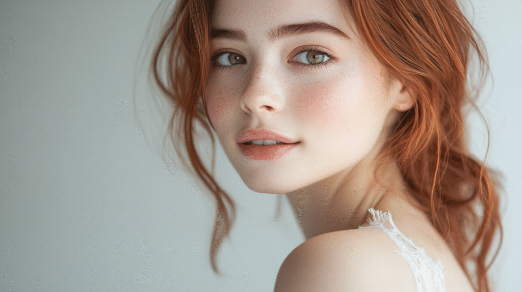 A woman with Natural Makeup Looks: Woman with beautiful hair, with glowing skin and wearing a off white dress, she has soft natural makeup look, beautiful 17 year old woman smiling at the camera, extreme details on the face and skin, soft middle grey background, shot with Arri Alexa mini LF, magazine cover