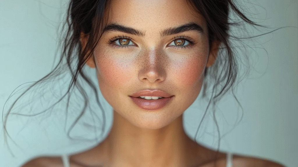 A woman with a Natural Makeup Looks:Woman with beautiful hair, with glowing skin and wearing a off white dress, she has soft natural makeup look, beautiful 22 year old woman smiling at the camera, extreme details on the face and skin, soft middle grey background, shot with Arri Alexa mini LF, magazine cover