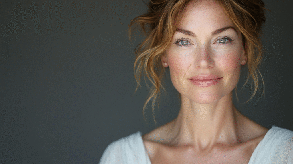 A woman with natural makeup looks: Woman with beautiful hair, with glowing skin and wearing a off white dress, she has soft natural makeup look, beautiful 42 year old woman smiling at the camera, extreme details on the face and skin, soft middle grey background, shot with Arri Alexa mini LF, magazine cover