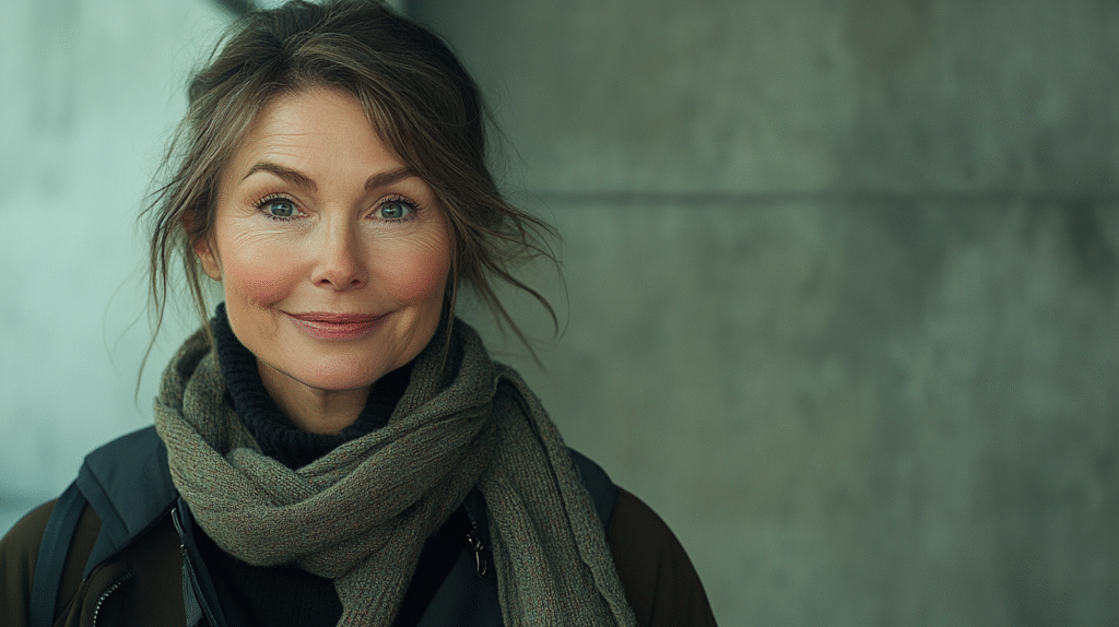 beautiful 40 year old woman with Perimenopause Skin and Hair smiling at the camera
