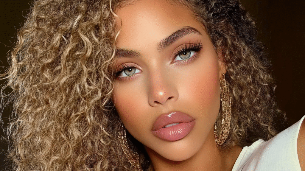 90’s Makeup. Model with bold lipstick and colorful 90's eye makeup.