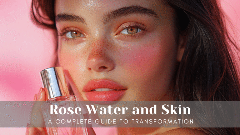 close-up portrait of a 20-year-old European idol with a gentle smile, dewy skin, holding a clear bottle of rose water near her cheek, glossy coral lips, soft peach eyeshadow, straight long dark hair with two sleek hairpins, soft pink background, soft lighting, high fashion beauty photography, ultra realistic, 4K