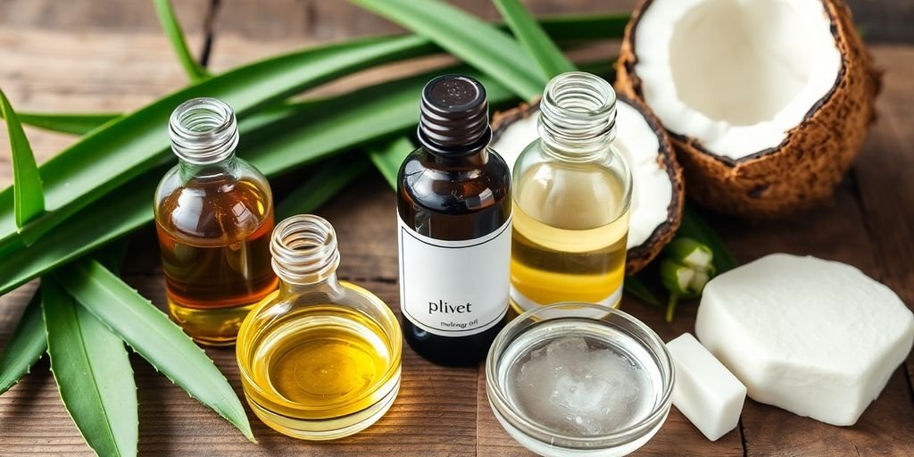 Natural makeup remover ingredients on wooden surface.