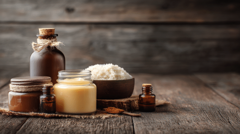 Artisan skincare products on wooden surface.