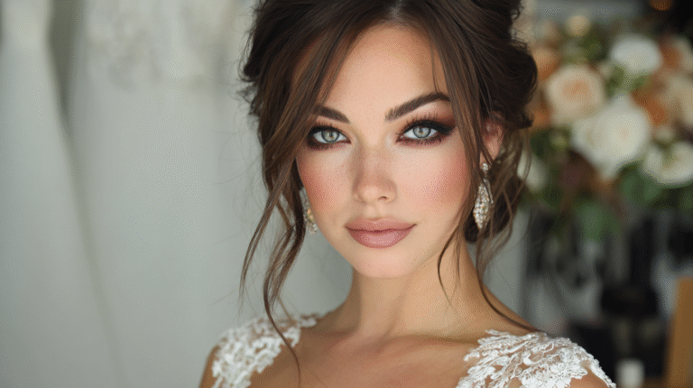 beautiful woman with color eyes wearing a bridal makeup look and white gown