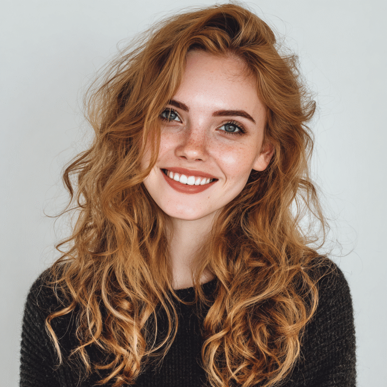 Woman with wavy hair smiling, effortless style.