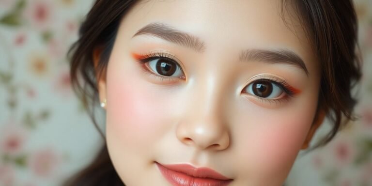 Woman with Douyin makeup, floral background.