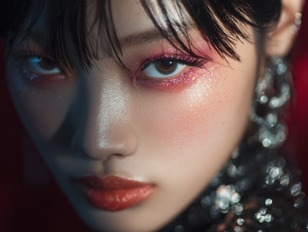 Model with Douyin makeup, sparkling eyes, gradient lips.