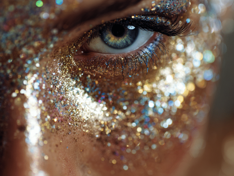 Woman's eye with magical, shimmering fairy makeup designs.