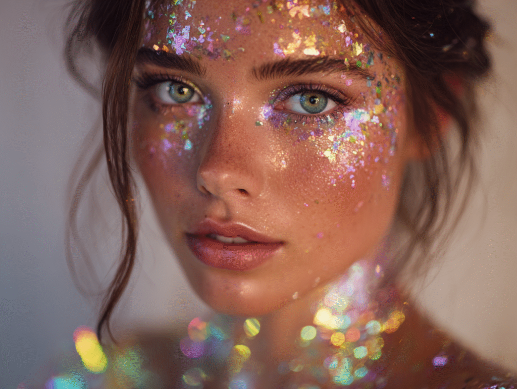 Woman with magical, sparkling makeup and glitter. makeup fairy.
