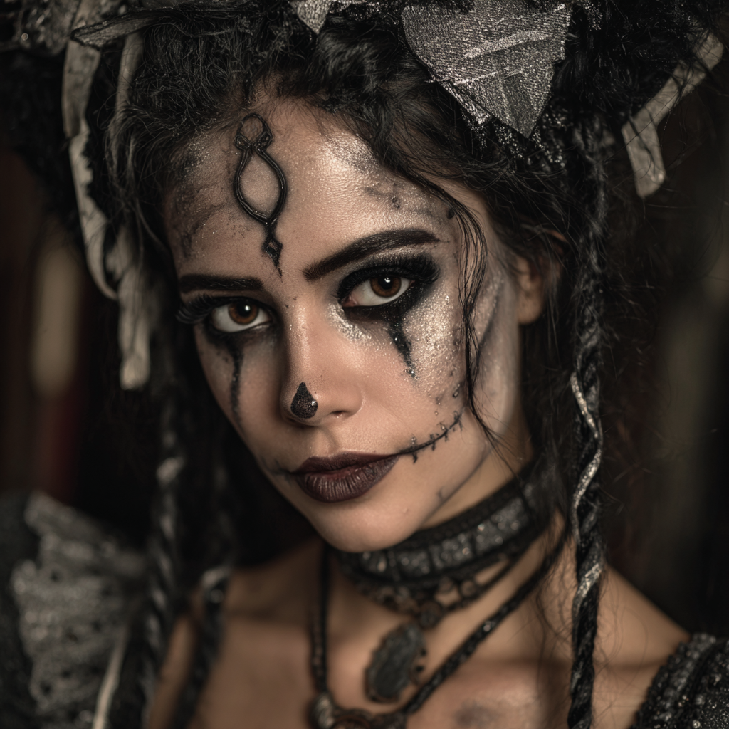 A beautiful woman, wearing Glamorous and spooky Halloween makeup.