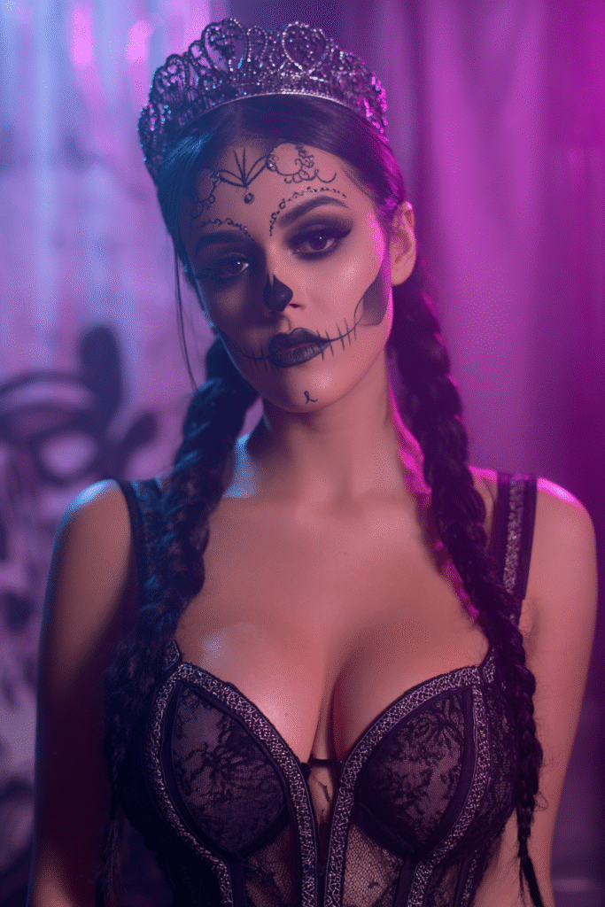 A full shot of a woman wearing a bodycon custom outfit Glamorous and spooky Halloween makeup.