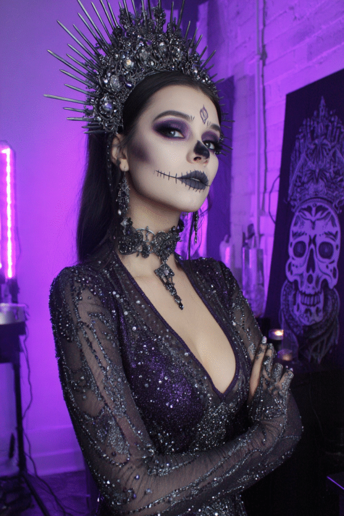 A full shot of a woman wearing a bodycon custom outfit Glamorous and spooky Halloween makeup.