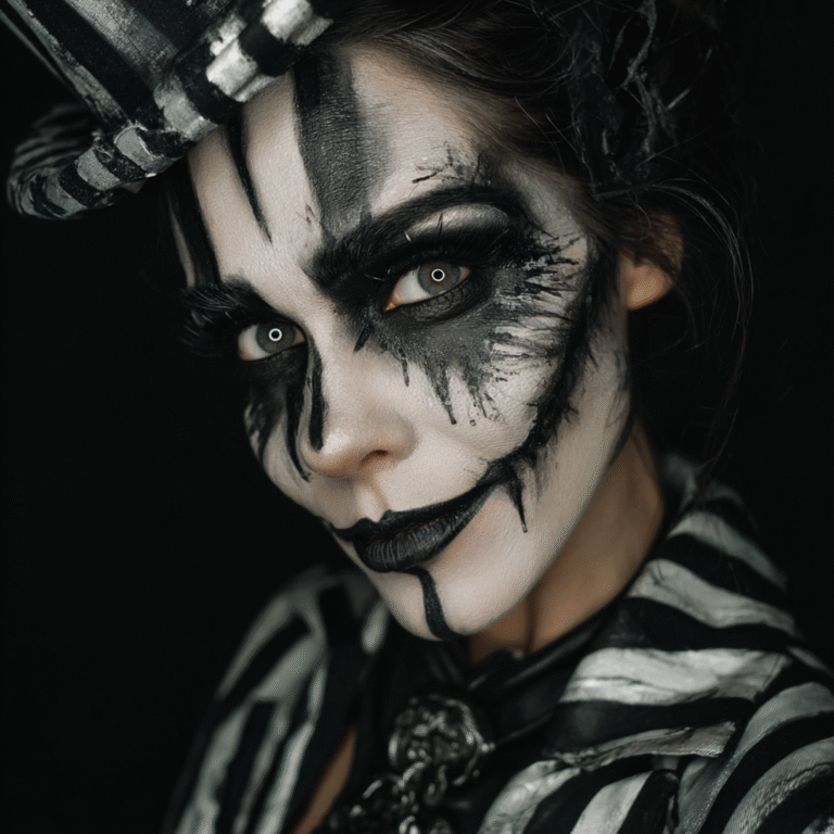 A woman wearing Beetlejuice makeup