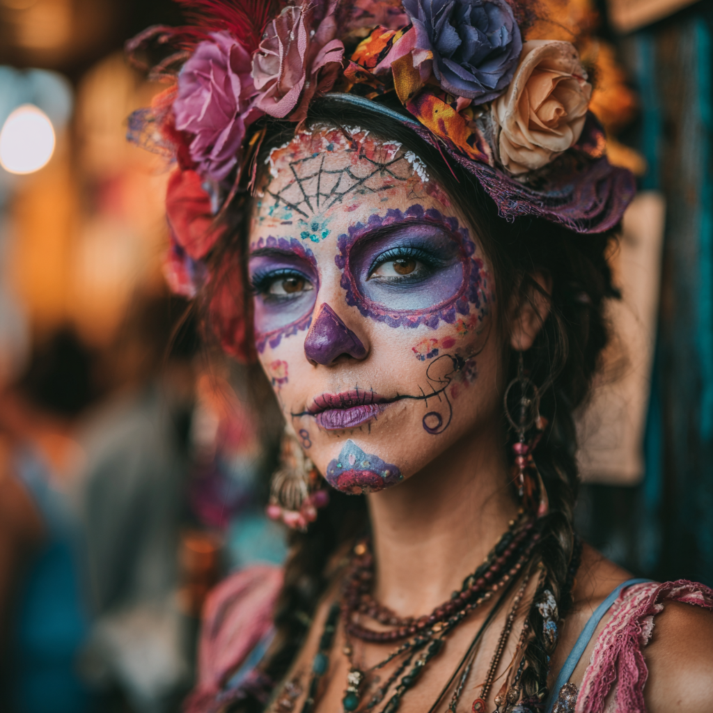 A woman wearing Sugar Skull Makeup
