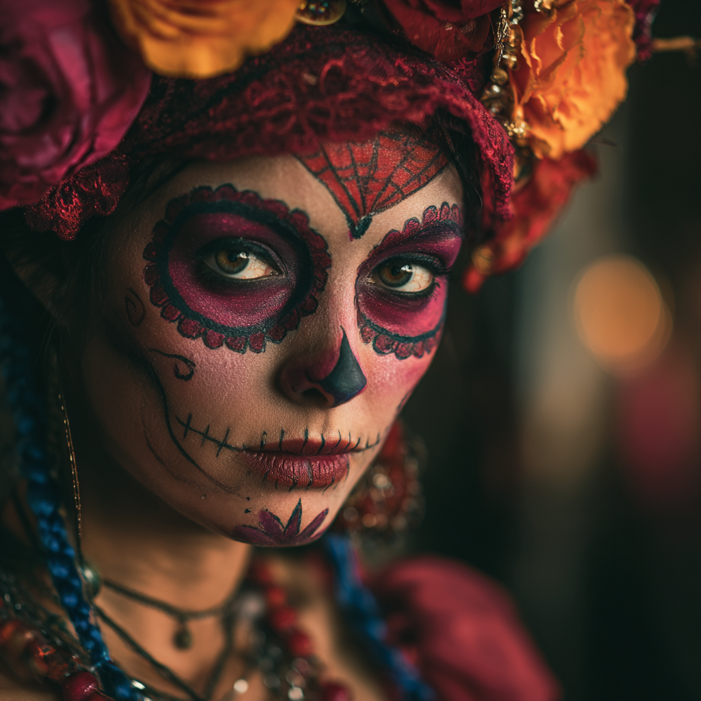 A woman wearing Sugar Skull Makeup