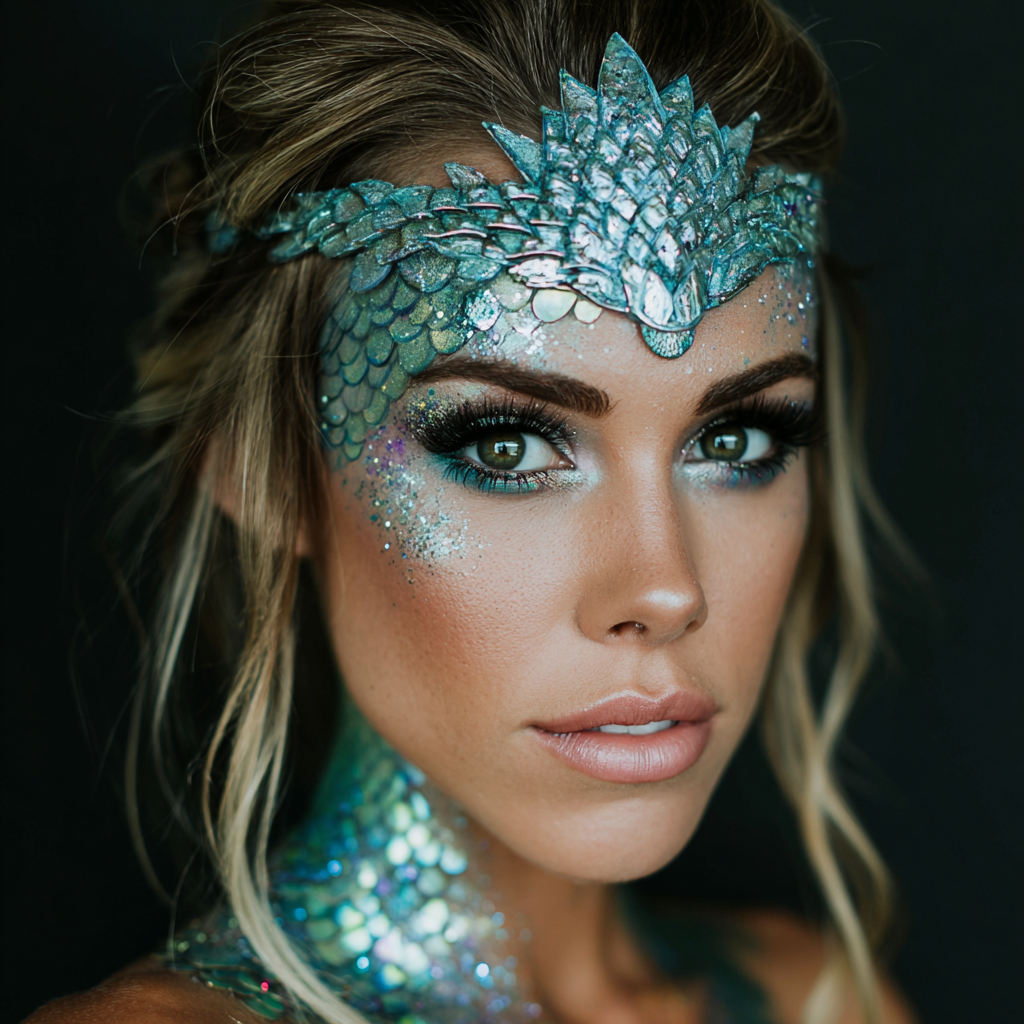 A woman wearing Woman with iridescent mermaid makeup, scales, and glitter.