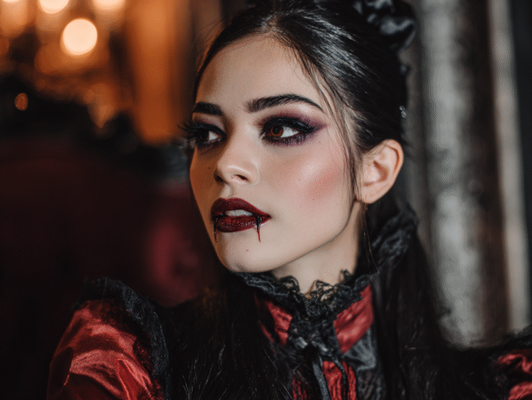 A woman wearing a vampire custom outfit with vampire makeup.