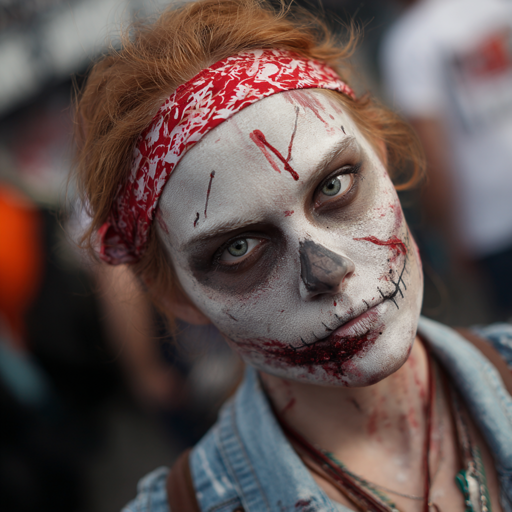 Realistic zombie makeup on a person's face.