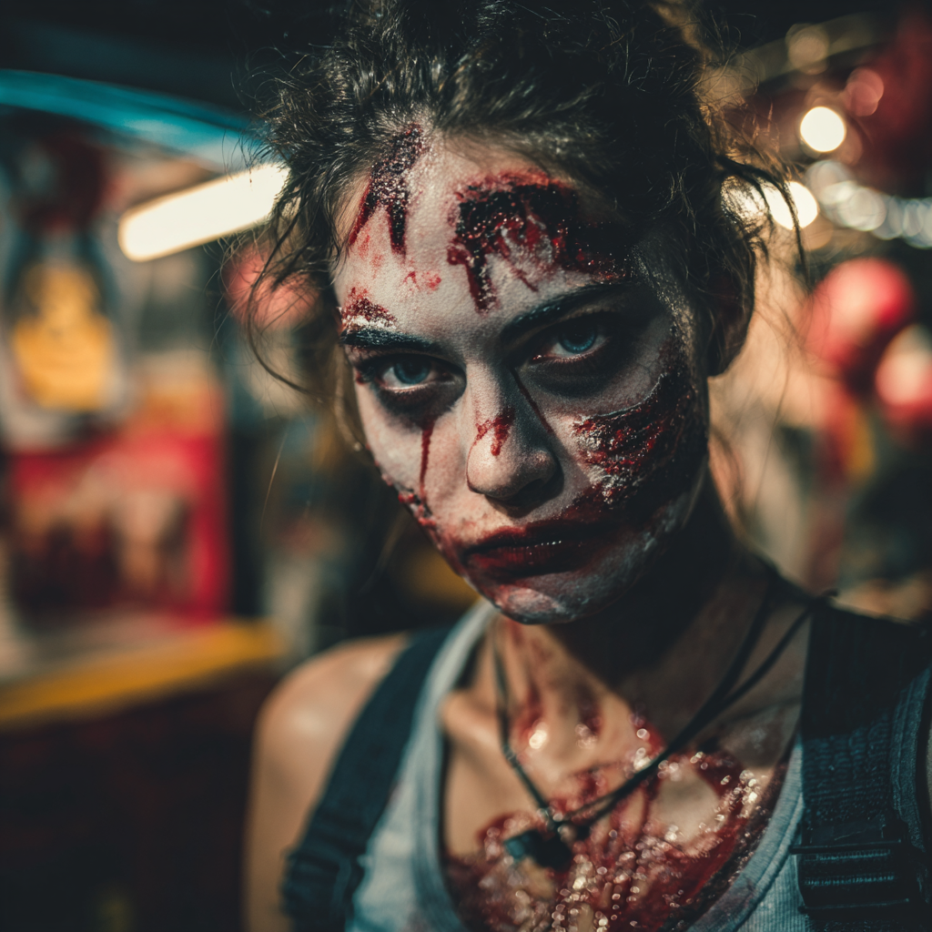 Realistic zombie makeup on a person's face.