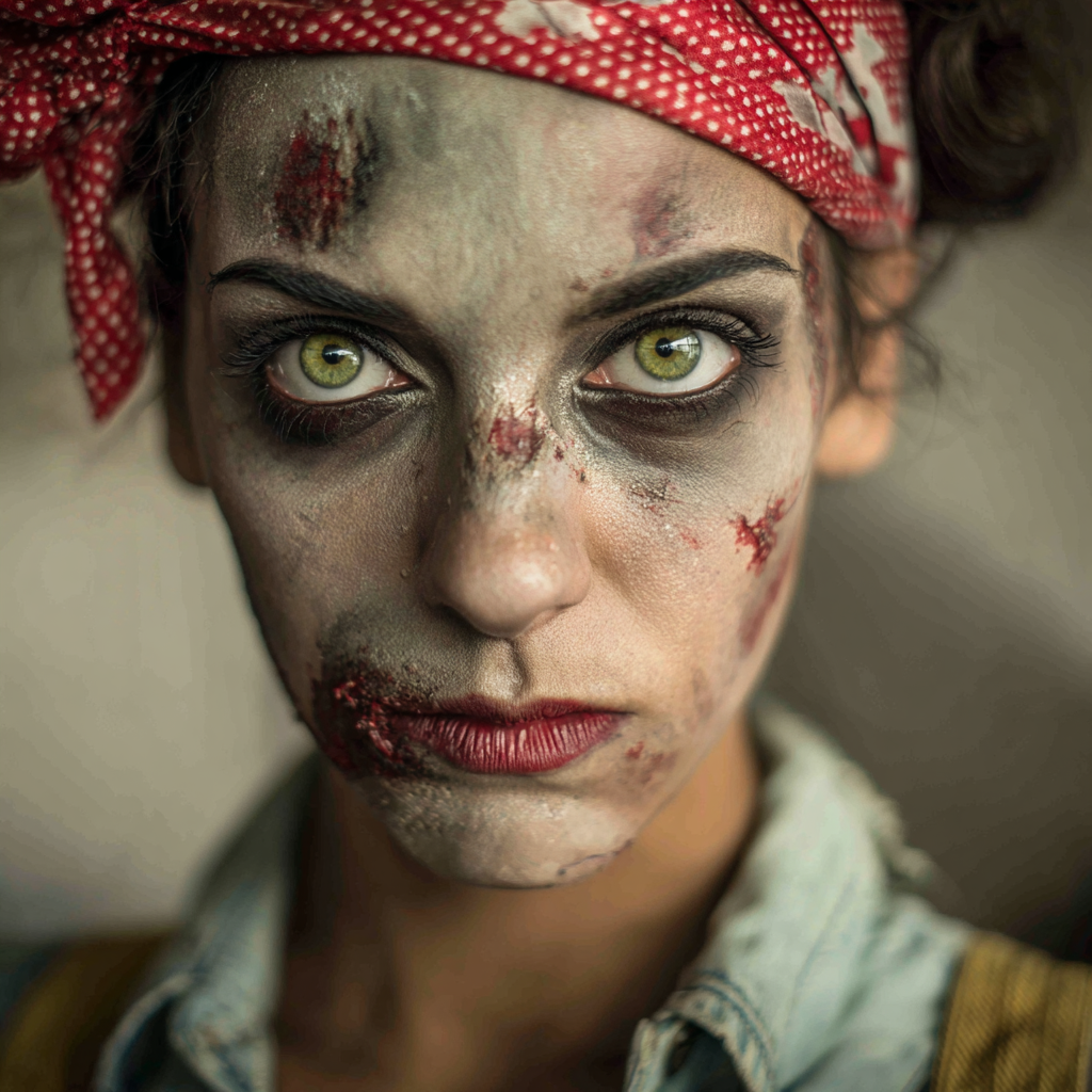 Realistic zombie makeup on a person's face.
