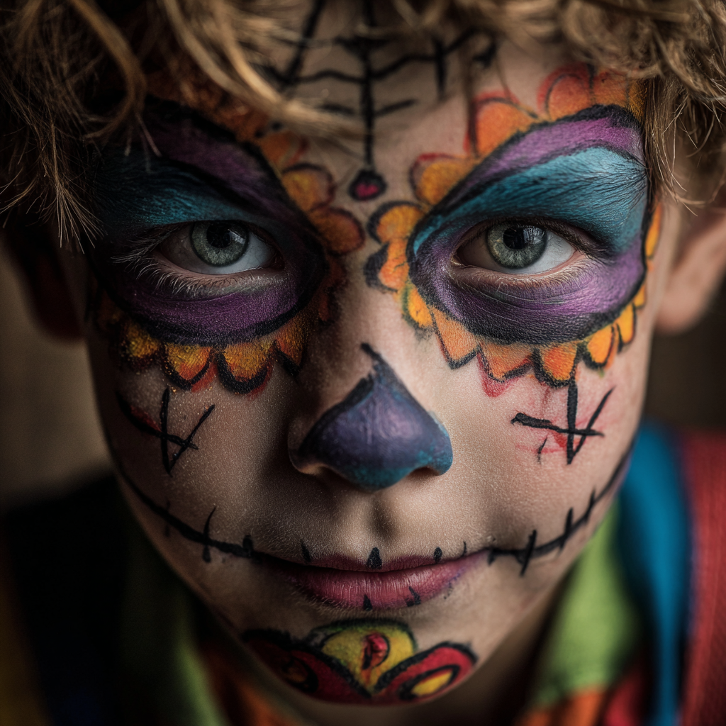 Child with fun Halloween makeup designs.