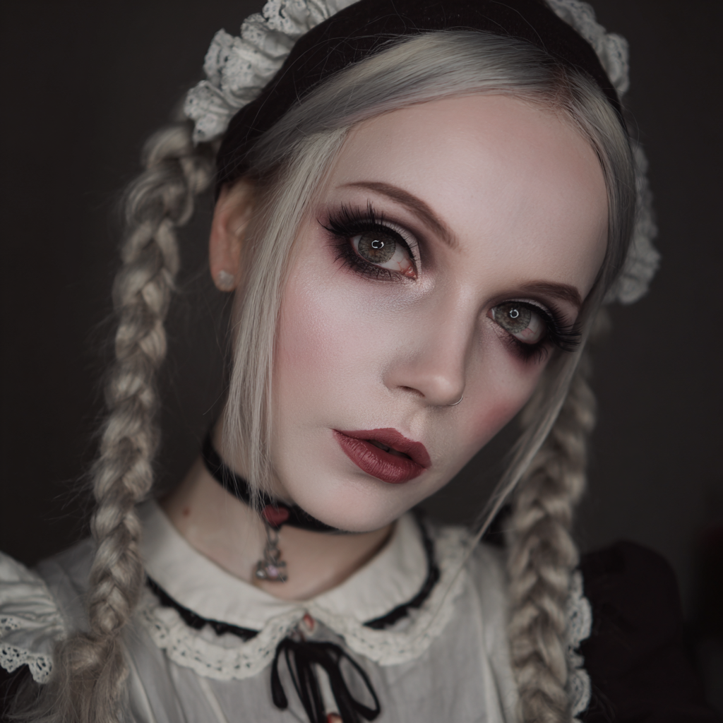 Creepy doll makeup with porcelain skin and large eyes.