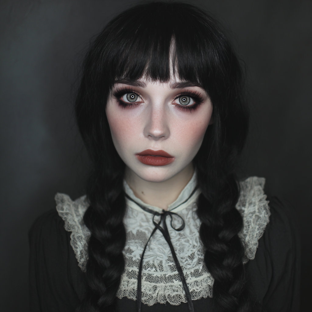 Creepy doll makeup with porcelain skin and large eyes.