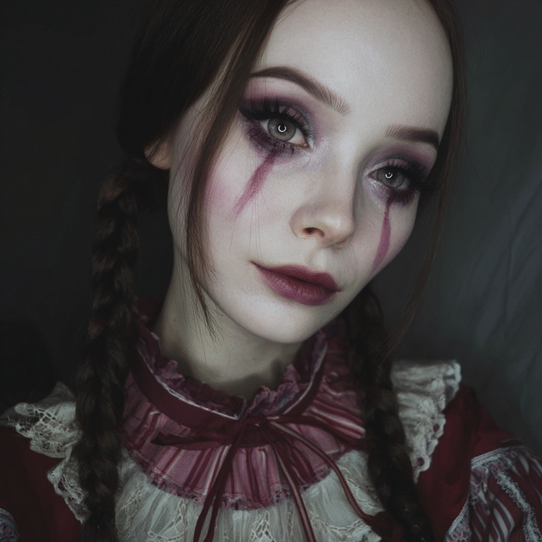 Creepy doll makeup look with pale skin and dark eyes.