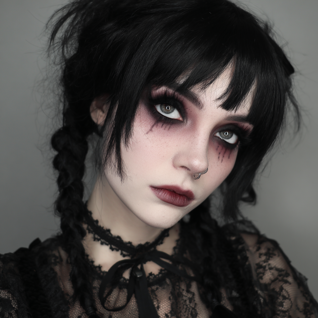 Creepy doll makeup with porcelain skin and large eyes.