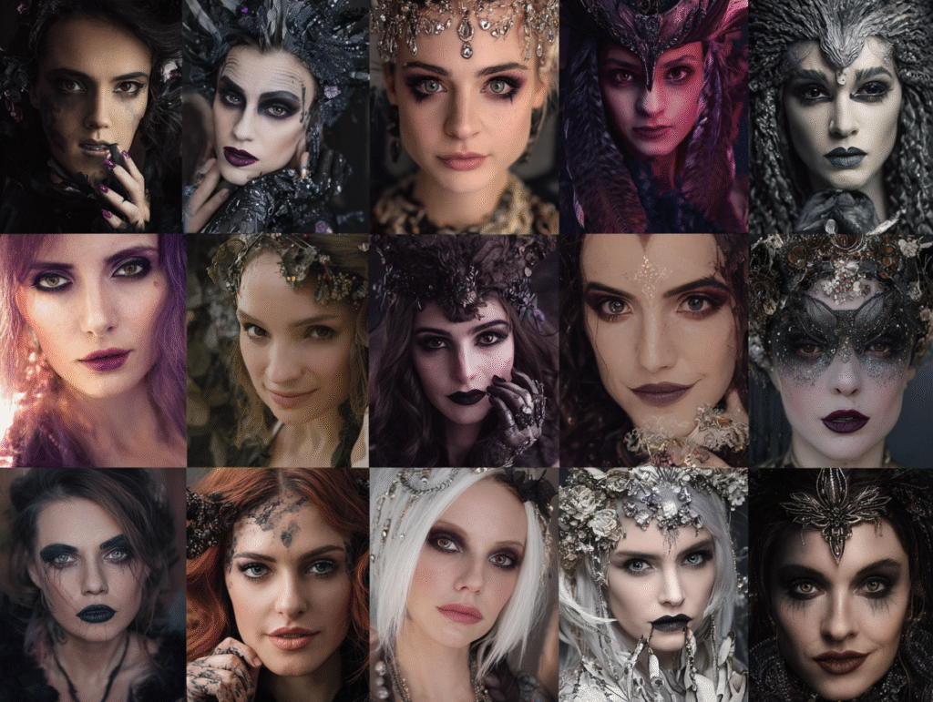 Diverse individuals with witchy makeup looks.