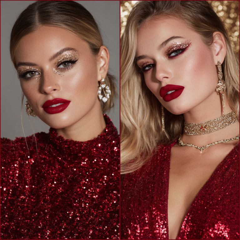 Festive Christmas makeup looks with glitter and red lips.