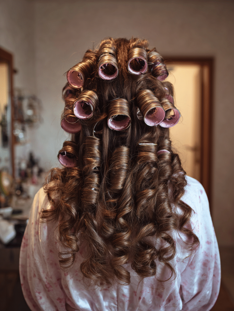 Hair rollers on long perms hair.