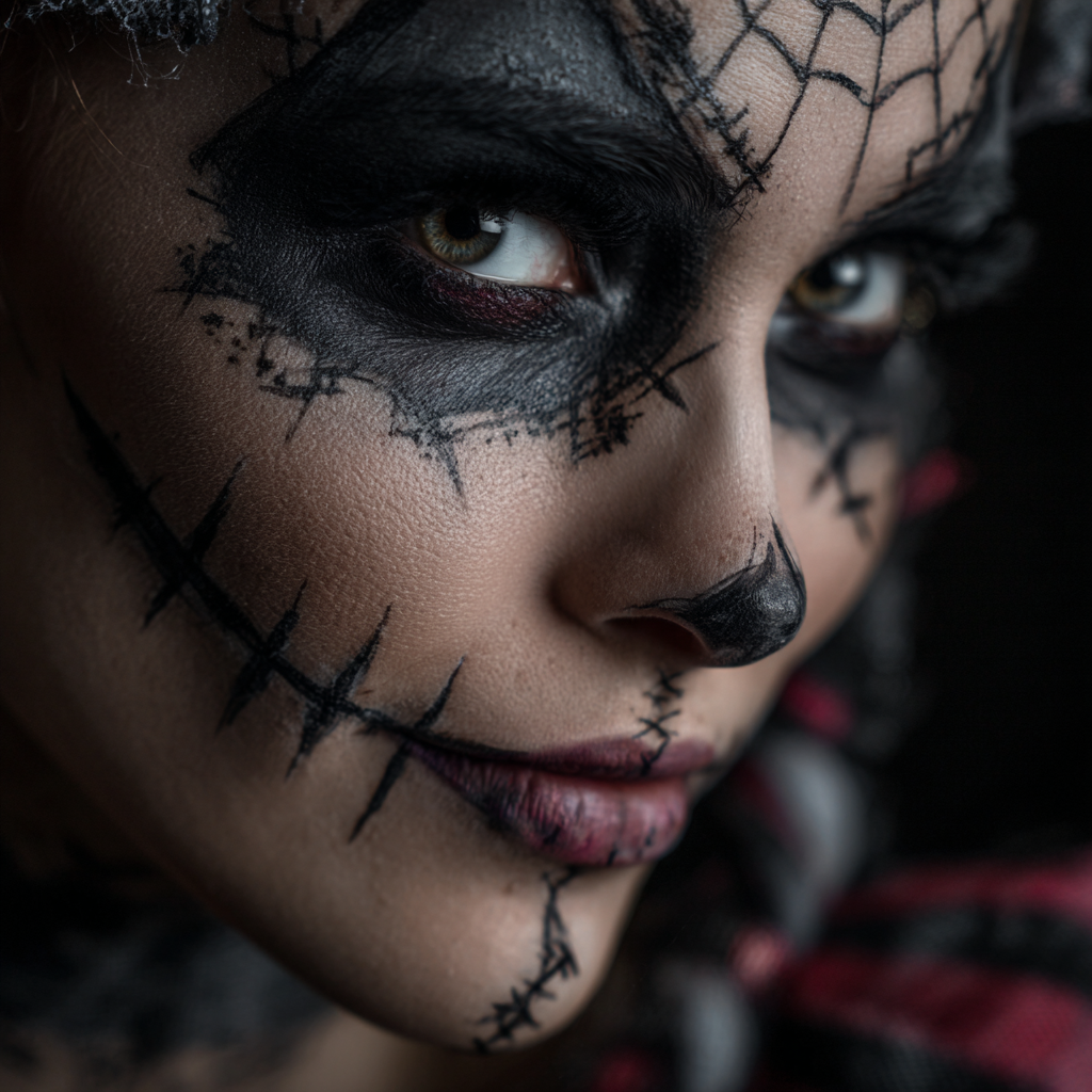 Spooky Halloween makeup on a woman's face.