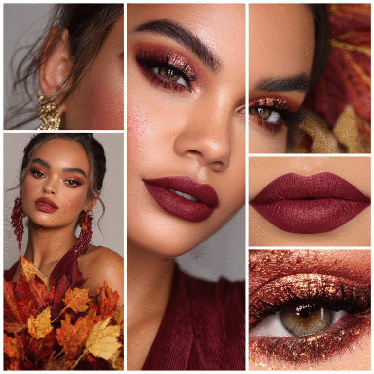 Thanksgiving makeup ideas collage with festive eye and lip looks.