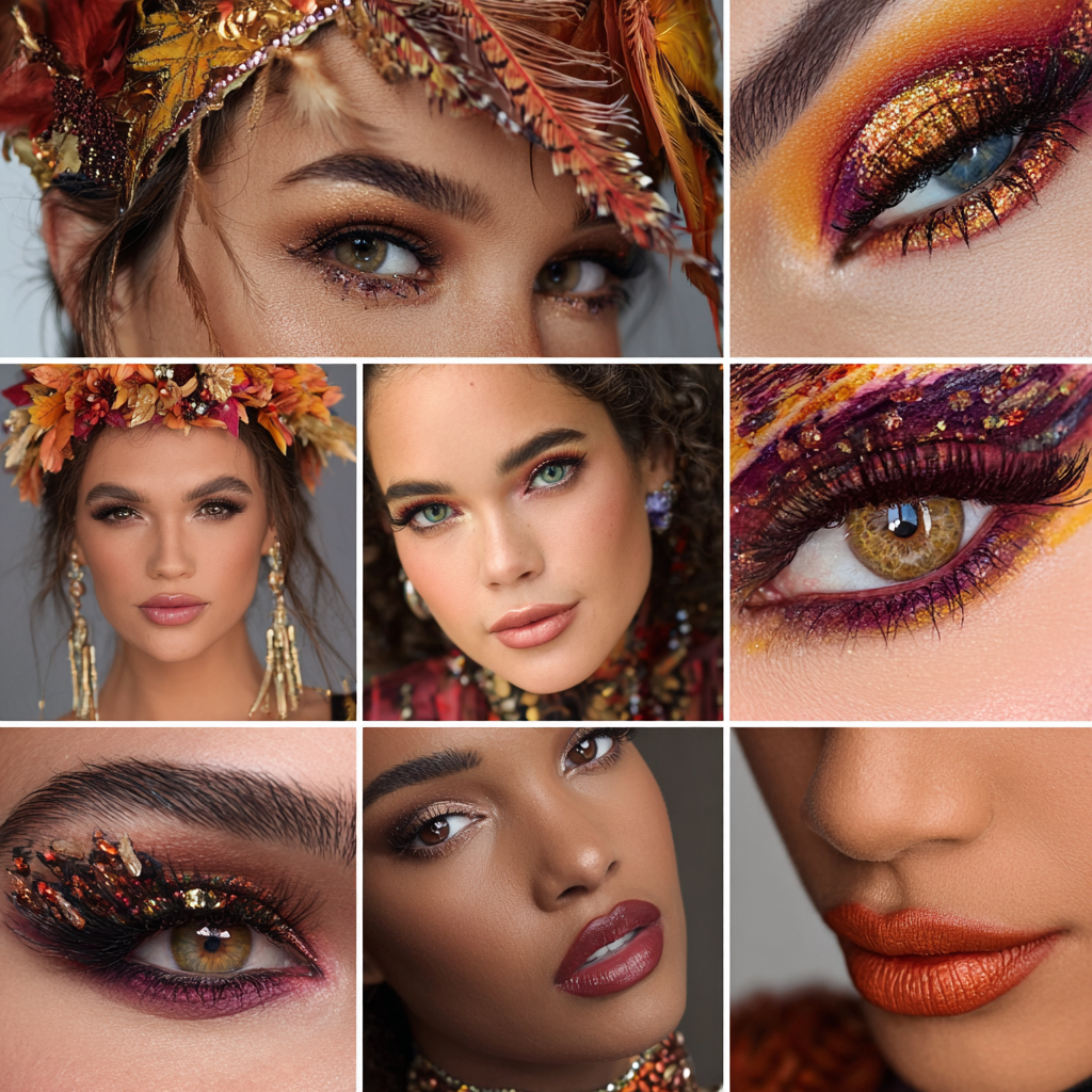 Thanksgiving makeup ideas collage with festive eye and lip looks.
