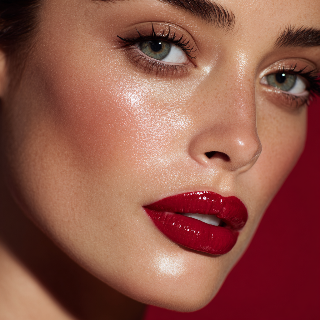 Woman with Glossy Lips Makeup for Christmas.