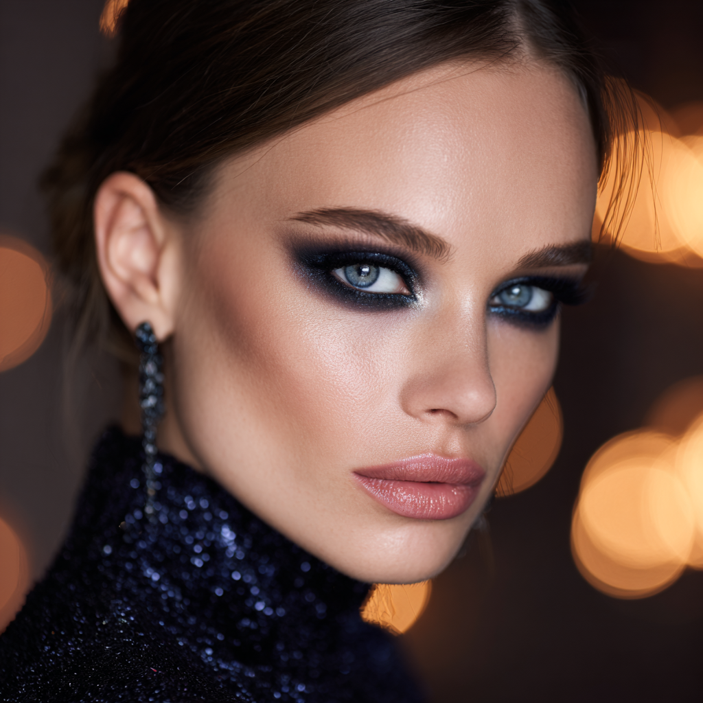 Woman with bold smoky eye makeup for Christmas.