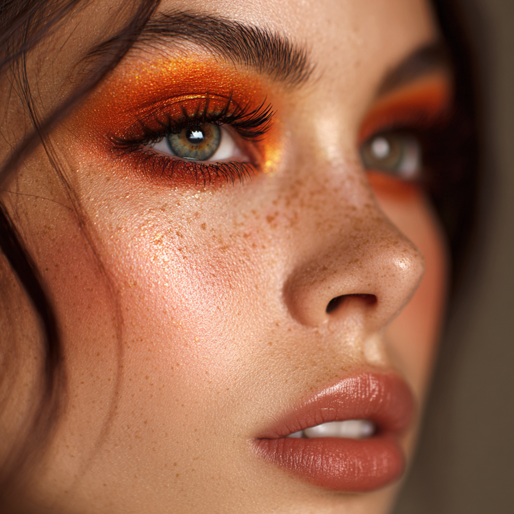Woman with bright orange eyeshadow for Christmas makeup.