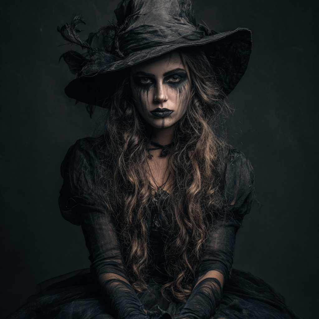 fullbody shot of a woman in a witch custom wearing witch makeup.