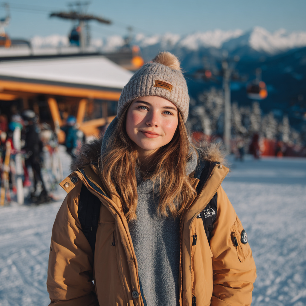 A beautiful woman standing in front of a ski resort full body, winter clothes smiling