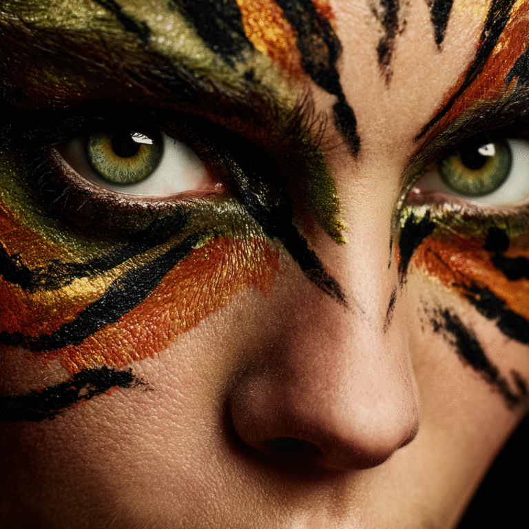 A woman with green eyes with Fierce tiger makeup with bold stripes around the eyes.