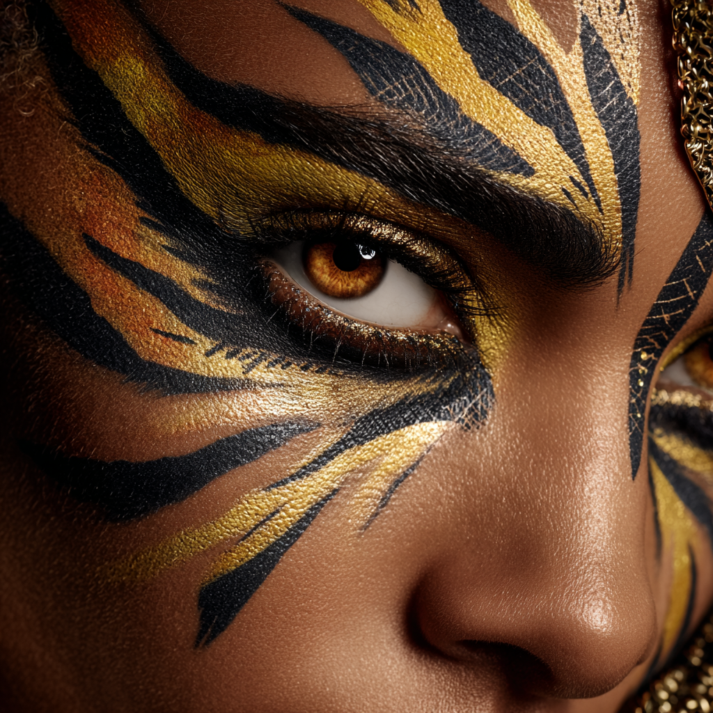 Tiger Makeup: A woman's face with Fierce tiger makeup with bold stripes around the eyes.